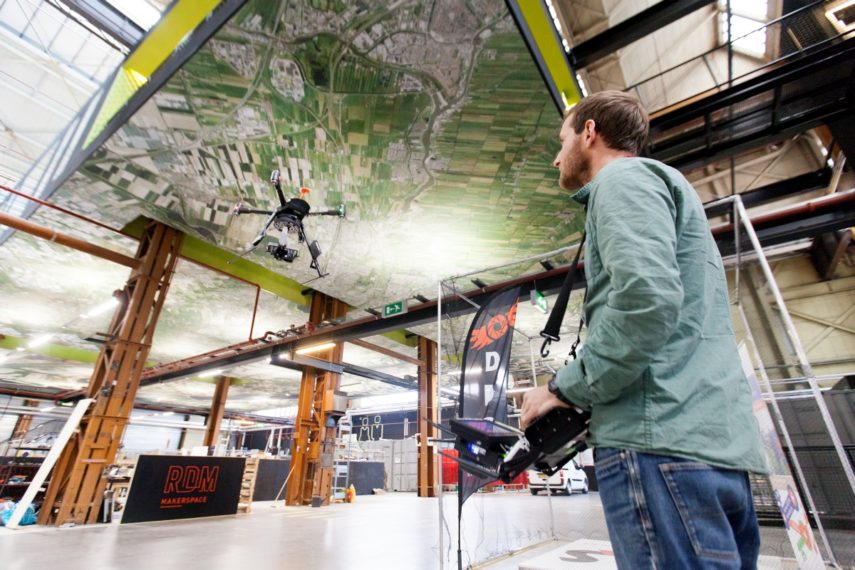 A camera drone is being tested by Dutch Drone Company at RDM Rotterdam (Mkaerspace), Heijplaat.