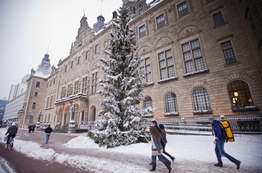 City Hall in the snow with in front a snow covered Christmastree.