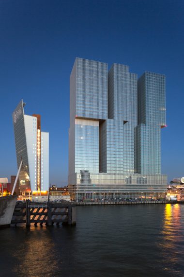 Front view of the largest multipurpose building in the Netherlands (160,000m2) De Rotterdam, designed by OMA.