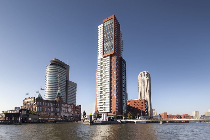 The Kop van Zuid seen from the Rijnhaven. On the left Hotel New York and beyond the World Port Center. On the right the tower Montevideo.