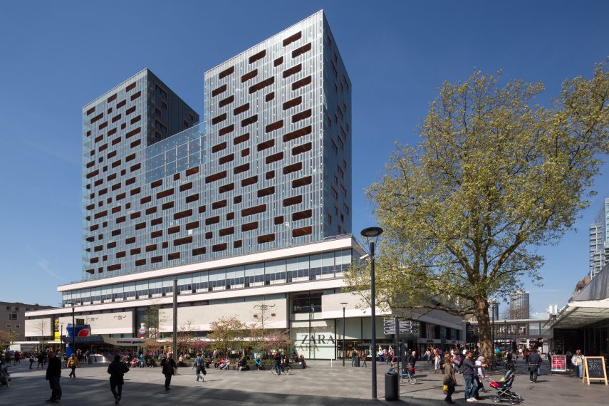 The apartment building the Karel Doorman at the Binnenwegplein in the shoppingcenter of Rotterdam. In the lower part of the building was once departmentstore Ter Meulen, a monument of post war reconstruction.