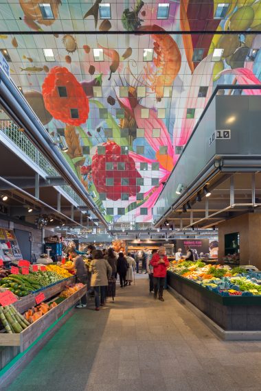 De eerste overdekte markthal van Nederland bevat zo’n 100 vers units, 15 food shops en diverse restaurants. De 228 appartementen zijn in hoefijzervorm over de versmarkt gedrapeerd. Wie tussen de marktkramen door loopt en omhoog kijkt, ziet het kunstwerk ‘Horn of plenty’ (Hoorn des Overvloeds) van Arno Coenen en Iris Roskam. Door dit grootste kunstwerk van Nederland wordt de Markthal ook wel de Nederlandse versie van de Sixtijnse Kapel genoemd.