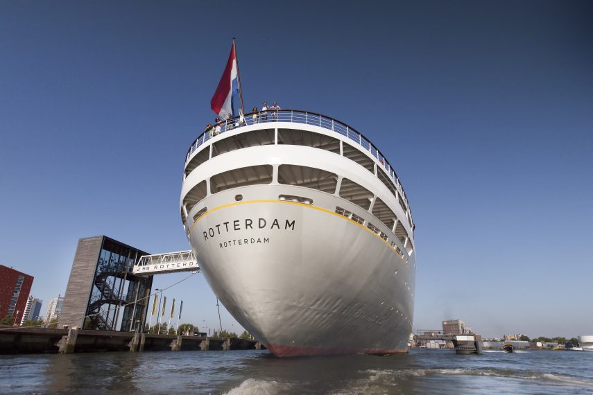 The rear of the former cruiseship SS Rotterdam. The ship is situated on the Katendrechtse Hoofd and includes a bar, restaurant and hotelrooms. Tourists can get an audiotour.