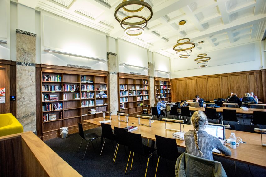 Students in a library.