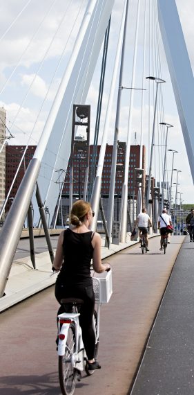 Cyclists crossing the Erasmusbridge designed by Ben van Berkel.