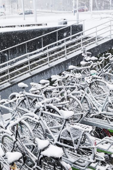 Bicycles in the snow.