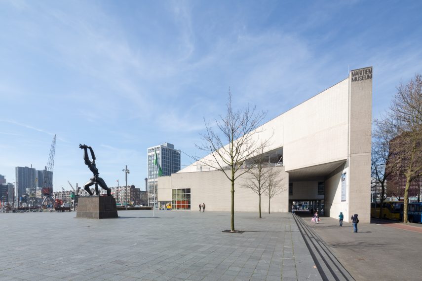 The Maritime Museum Rotterdam, seen from Plein 1940. The statue De Verwoeste Stad (The Destroyed City) by Zadkine is visible to the right.
