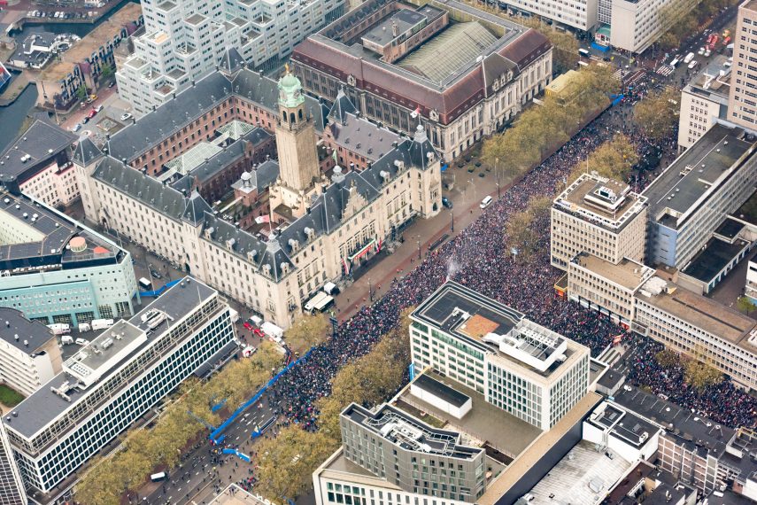 Huge crowds in front of City Hall, celebrating Feyenoord as cup winners 2015-2016. The photo is an aerial shot.