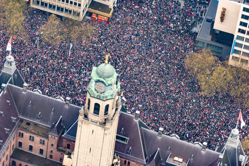 Huge crowds in front of City Hall, celebrating Feyenoord as cup winners 2015-2016. The photo is an aerial shot.