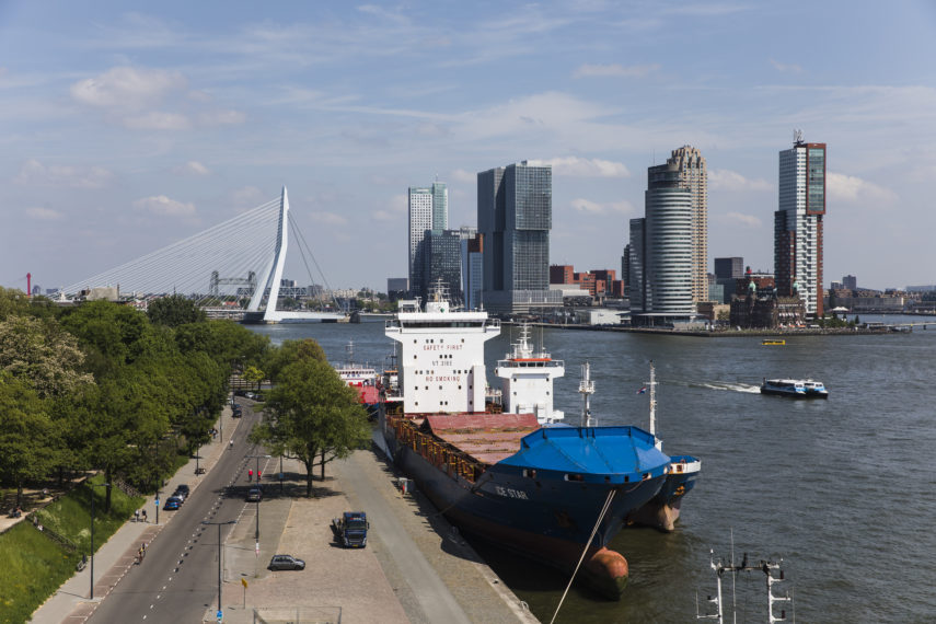 The Ice Star (ship) with the Kop van Zuid in the background. 