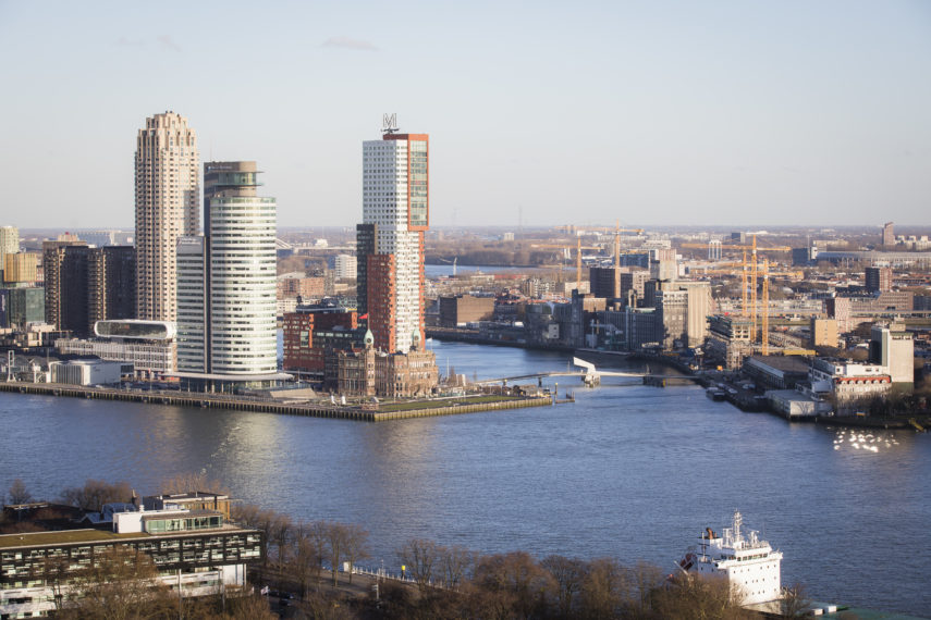 View of the skyline of Kop van Zuid with in the center Hotel New York.