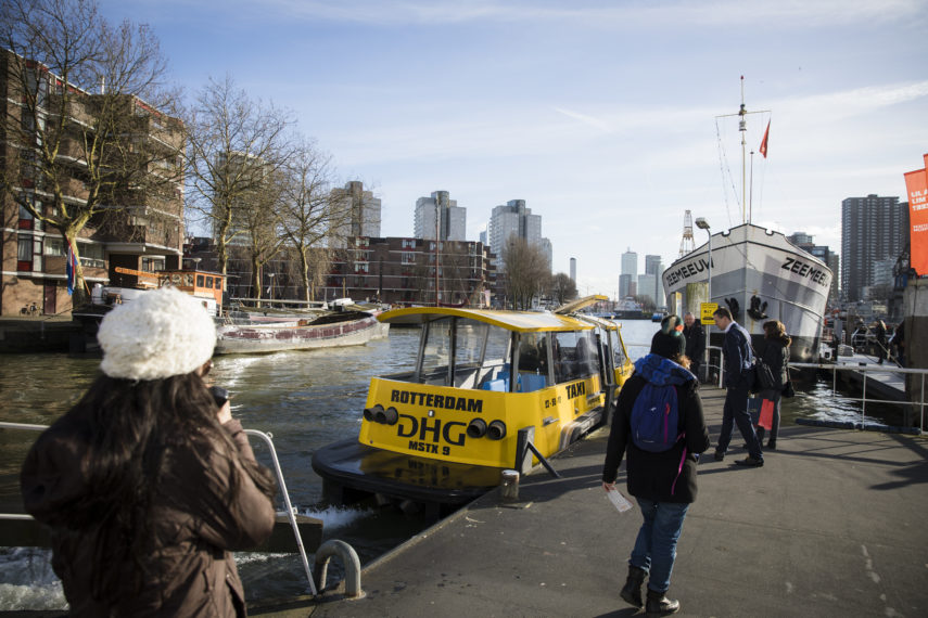 Water taxi docked in the Wijnhaven in the winter.
