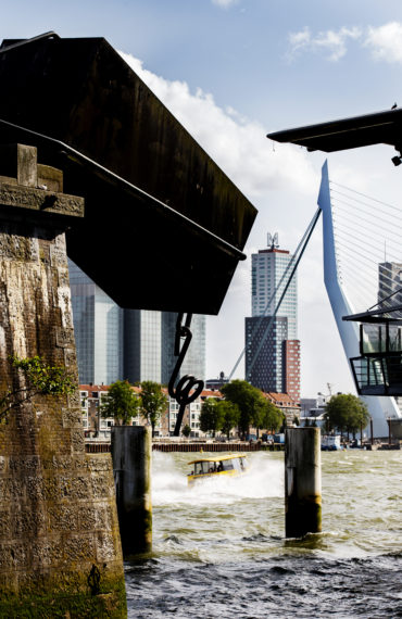 Water taxi sails on the river Maas.