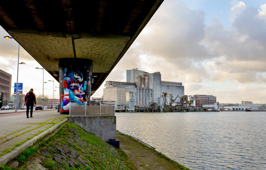 Maassilo by the water with street.