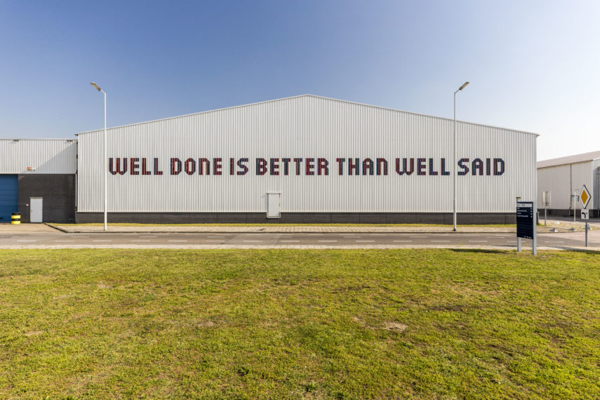Quote by Benjamin Franklin on a warehouse in Merwe-Vierhavens (M4H) by Bureau Lakenvelder by Peter Hopman.