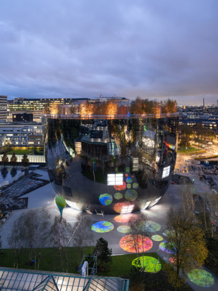An aerial view of the Depot with a light show.