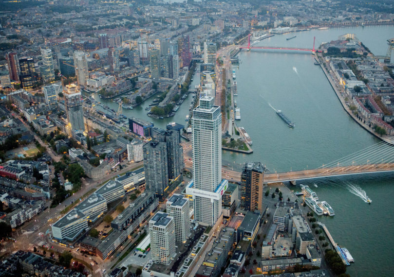 Aerial shot of Rotterdam and De Zalmhaven tower.