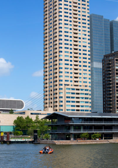 The Floating Office of the GCA at the Rijnhaven, Rotterdam. With the New Orleans tower just visible in the background.