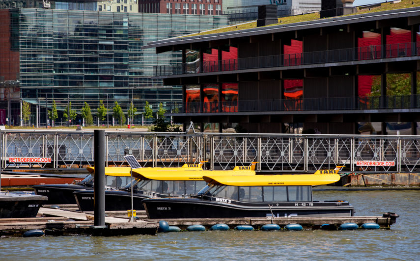 The Floating Office of the GCA (Global Center on Adaptation) at the Rijnhaven, with moored water taxi
