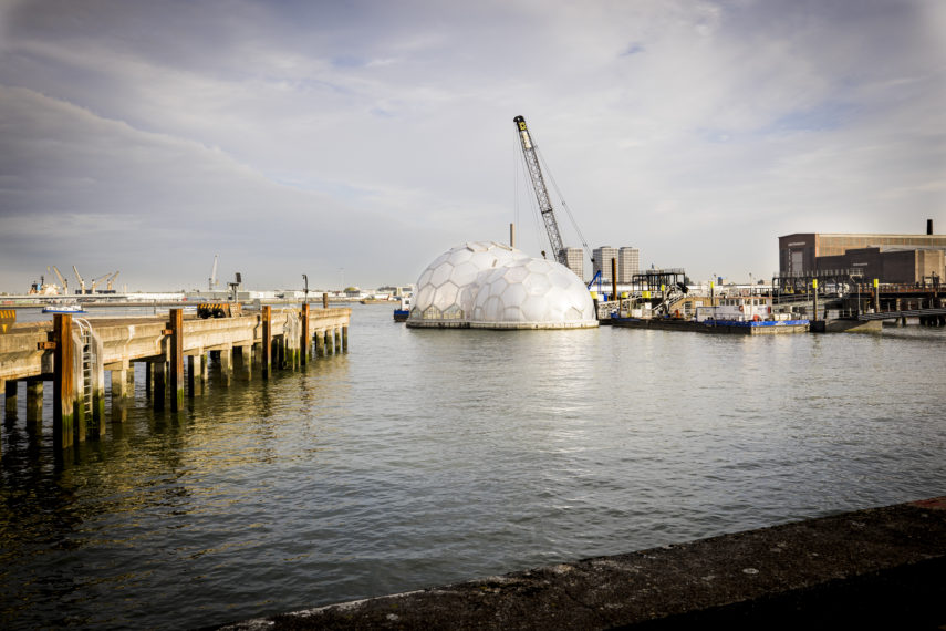 The Floating Pavillion, situated at Dokhaven, RDM Rotterdam. The Floating Pavillion is used by Hogeschool Rotterdam for educational purposes and events.