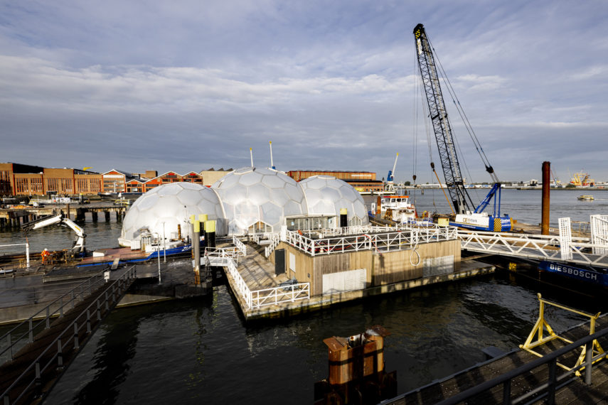 The Floating Pavillion, situated at Dokhaven, RDM Rotterdam. The Floating Pavillion is used by Hogeschool Rotterdam for educational purposes and events.