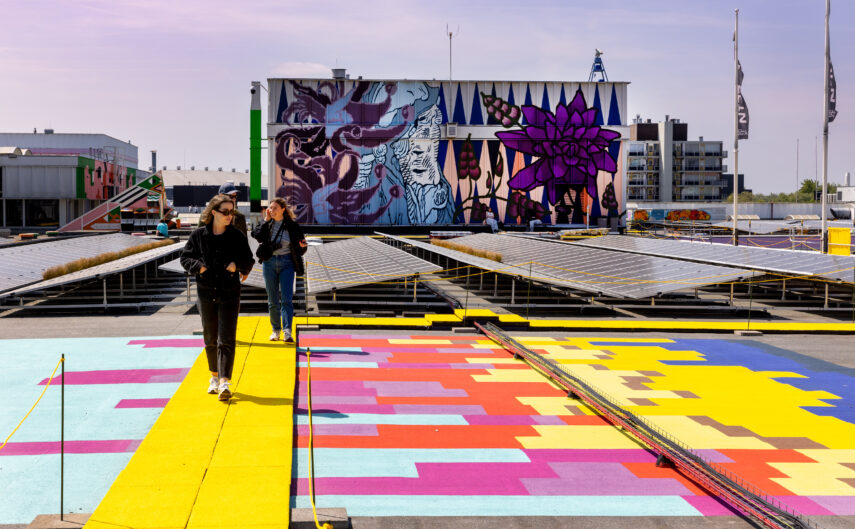 From 1 to 30 June 2023, Rotterdamse Dakendagen transforms the six football fields of space on top of shopping mall Zuidplein into Bovenop Zuid: an art park. Visitors enter the rooftop via staircases and once you are up, an 850 meters long art route on various heights can be discovered.
