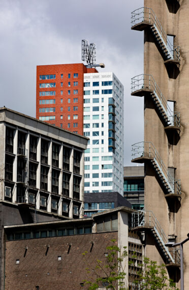 A closed up architectural shot of Montevideo skyscrapper in Rotterdam