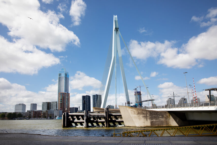 De Erasmusbrug en de Zalmhaventoren (hoogste gebouw van Nederland), gezien vanaf de Holland Amerikakade.