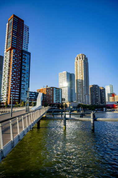 Een foto van de architectonische iconen en hoogbouw van de Kop van Zuid. Hier ziet u het gebouw De Rotterdam, New Orleans, de Montevideotoren en de Rijnhavenbrug.