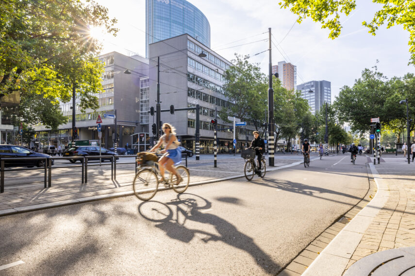 Fietsers rijden over de Coolsingel in het centrum van Rotterdam, omringd door groen en moderne kantoorgebouwen. Lange schaduwen vallen over het fietspad, terwijl het stadsverkeer op de achtergrond doorgaat.