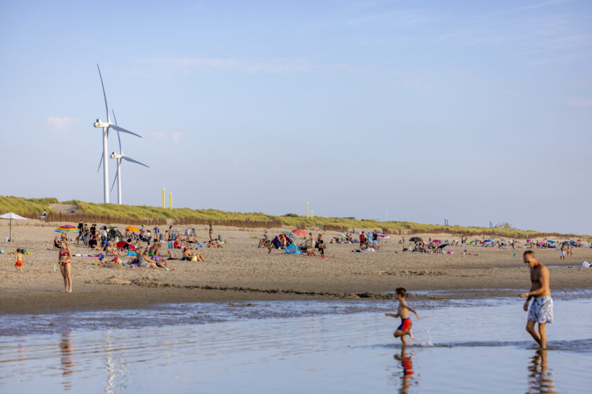 Verspreid over het Maasvlaktestrand liggen groepjes mensen op handdoeken en hier en daar staat een kleurrijke parasol. Een kleine jongen rent door het water terug naar het zand. 