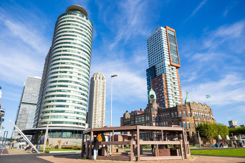 Een foto van het iconische Hotel New York, het hoofdkantoor van de haven van Rotterdam, de gebouwen Montevideo, New Orleans en De Rotterdam op de Kop van Zuid.