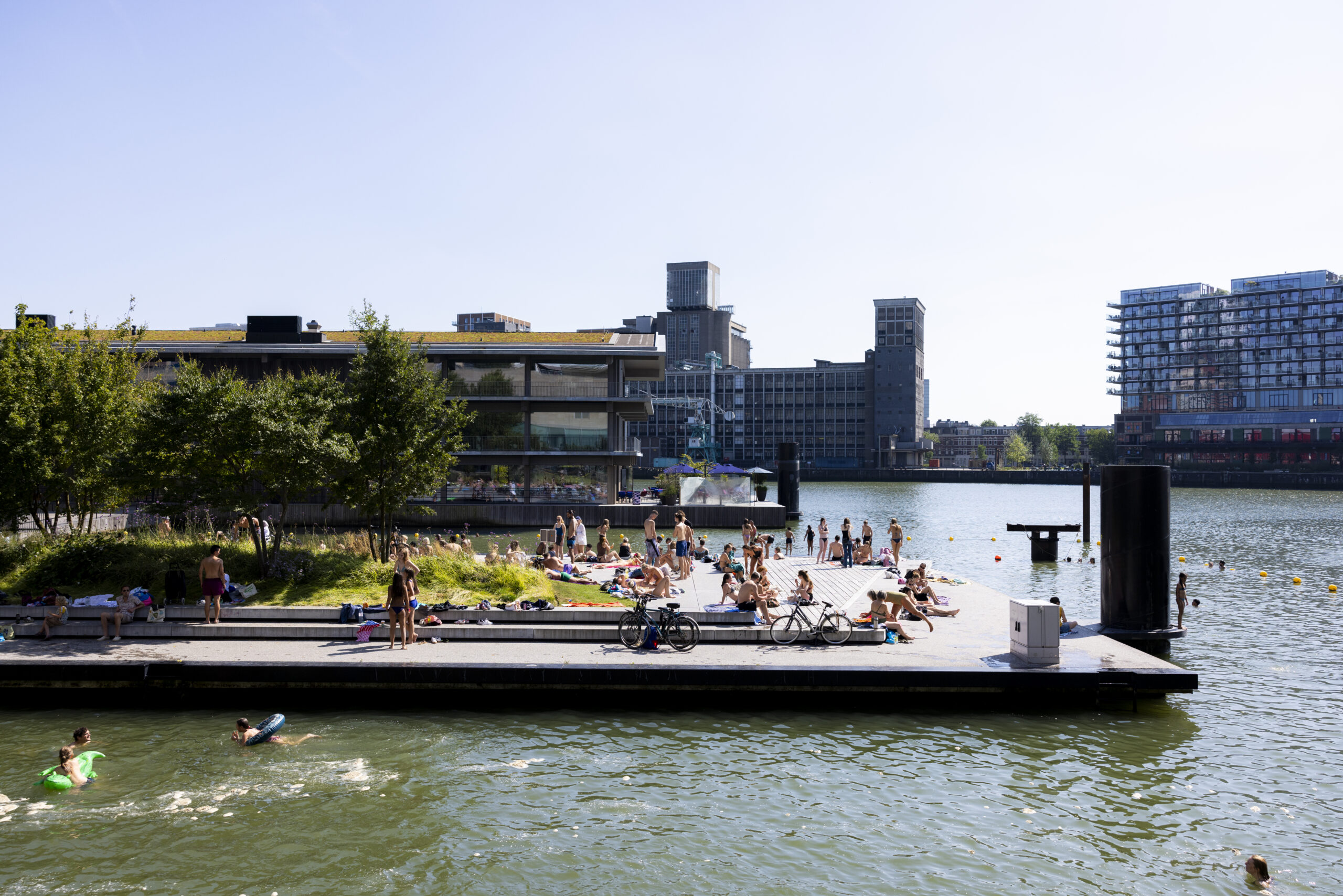 Op een zonnige dag genieten mensen van het warme weer aan de waterkant van de Rijnhaven in Rotterdam. Op een betonnen platform en op het gras liggen mensen te zonnen, terwijl anderen zwemmen in het afgebakende deel van het water. Op de achtergrond zie je het Floating Office. Verderop staan oude havengebouwen en moderne appartementen, wat zorgt voor een mix van industrieel en stedelijk karakter. 