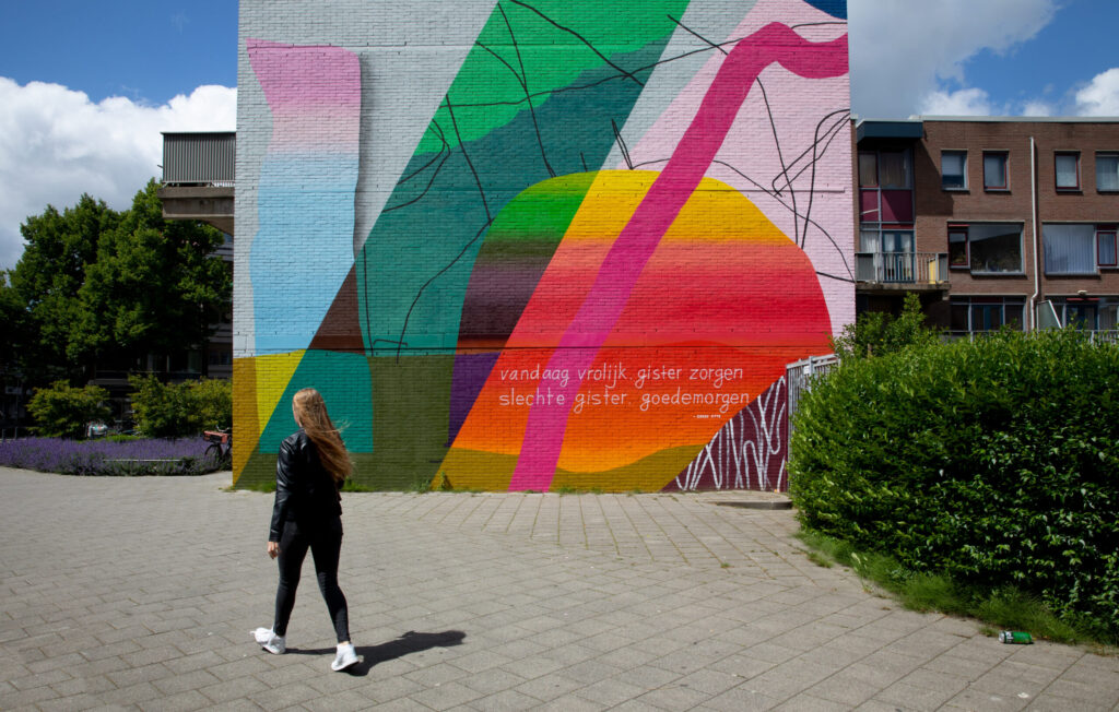 Deze abstracte muurschildering door Tom Kraanen vind je in Crooswijk (hoek Goudse Rijweg/Crooswijkseweg). Het werk bevat een tekstfragmet van Derek Otte.